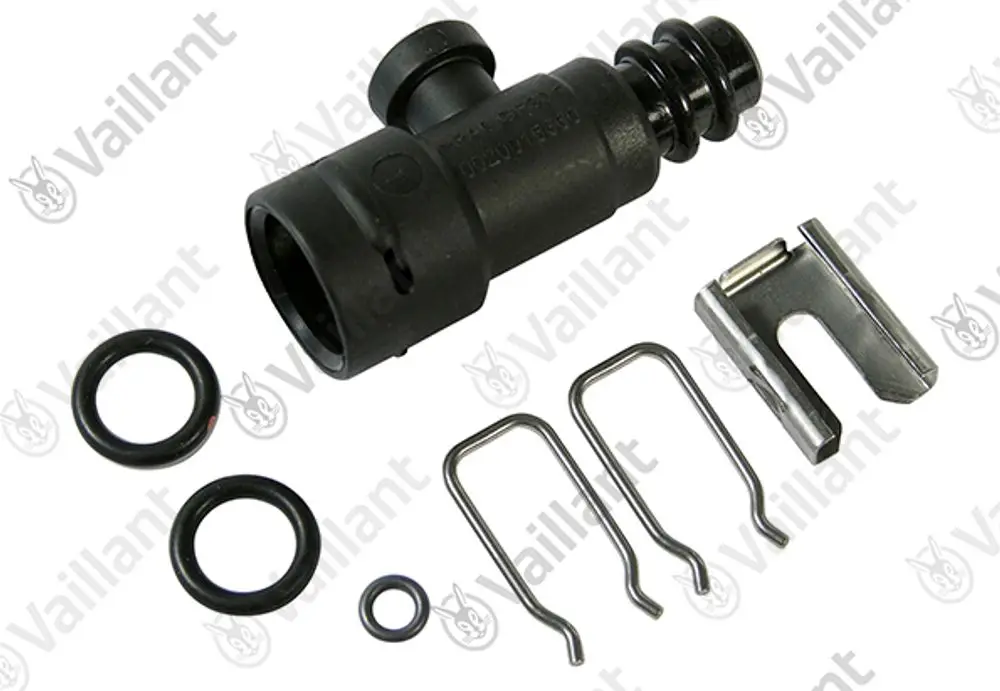 Vaillant Adapter mit Manometer und verschiedenen o-Ringen sowie Halterungen für die Montage. Komponenten in schwarz und metallischen Farben.